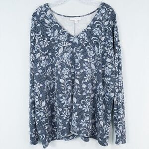 J Jill Pure Jill Eco Terry Floral V Neck‎ Long Sleeve Top Womens XL Blue Stretch